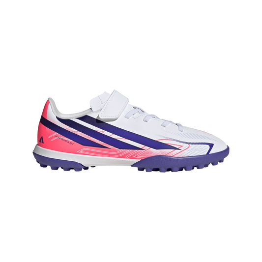 adidas F50 Hyperfast Club Hook & Loop Turf Youth Soccer Cleats - White/Purple