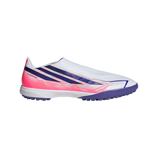adidas F50 Hyperfast League Laceless Turf Men's Soccer Cleats - White/Purple/Solar Turbo