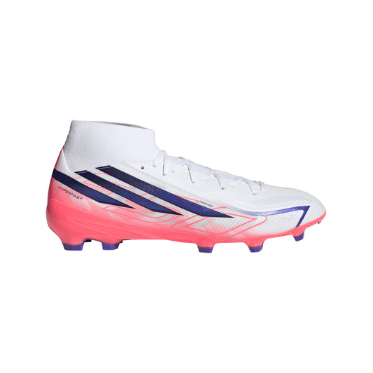 adidas F50 Hyperfast League Mid Firm Ground Men's Soccer Cleats - White/Purple/Solar Turbo