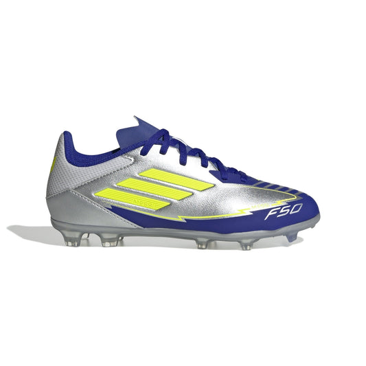 adidas F50 League Messi Firm/Multi-Ground Boots Junior - Silver Metallic / Solar Yellow / Lucid Blue