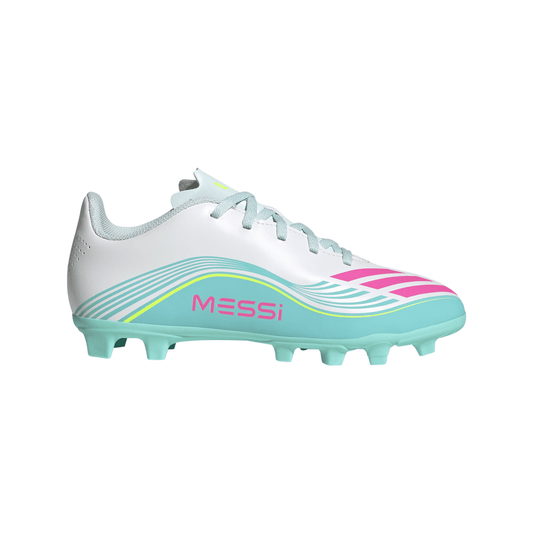 adidas F50 Messi Club Firm Ground/Multi Ground Youth Soccer Cleats - White/Pink/Aqua