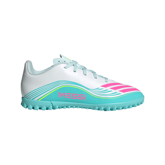 adidas F50 Messi Club TF Turf Youth Soccer Cleats - White/Pink/Aqua