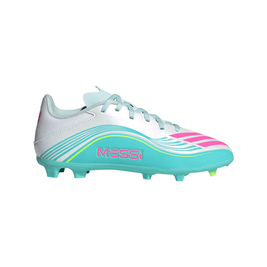 adidas F50 Messi League FG/MG Firm Ground /Multi Ground Youth Soccer Cleats - White/Pink/Aqua