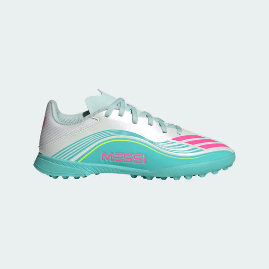 adidas F50 Messi League TF Turf Youth Soccer Cleats - White/Pink/Aqua