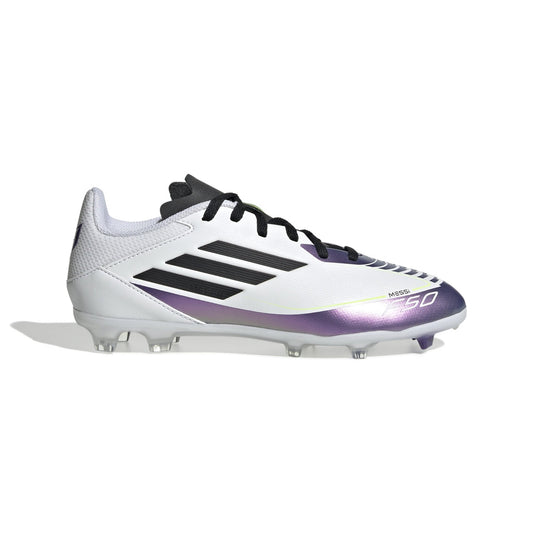 adidas Kids F50 League FG/MG Messi Multi-Ground Soccer Cleats - White/Black/Purple